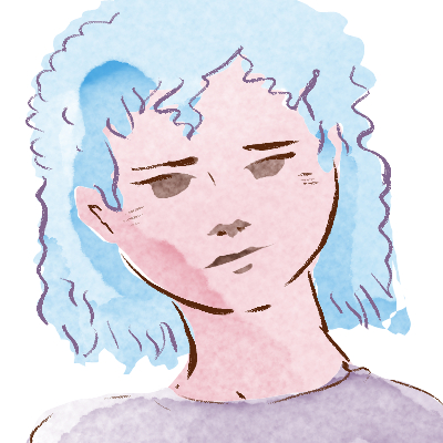 A green haired femme person with lavender skin